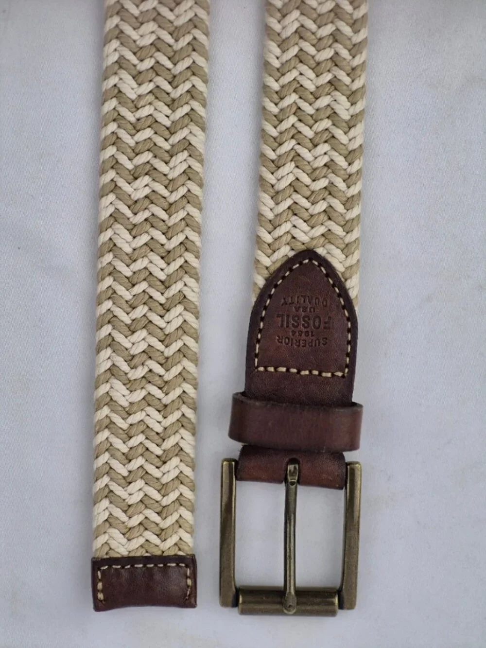 Fossil Kyle Khaki Belt Braided Rope & Leather Trim Adjustable Cream Tan Size 34